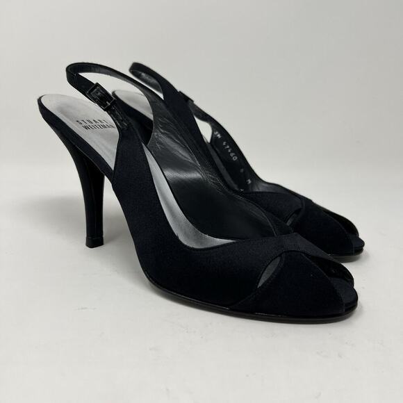 Stuart Weitzman Black Satin Peep Toe Slingback Heels Adjustable‎ Women’s Size 8 - Picture 1 of 12